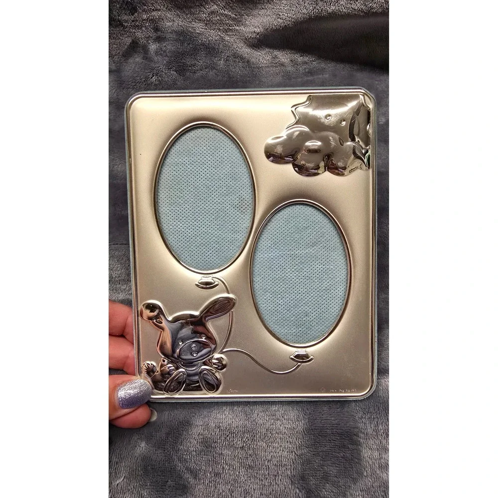 Saga Silver Plated Teddy Bear Double Oval Photo Frame Blue Velvet Back Baby Gift